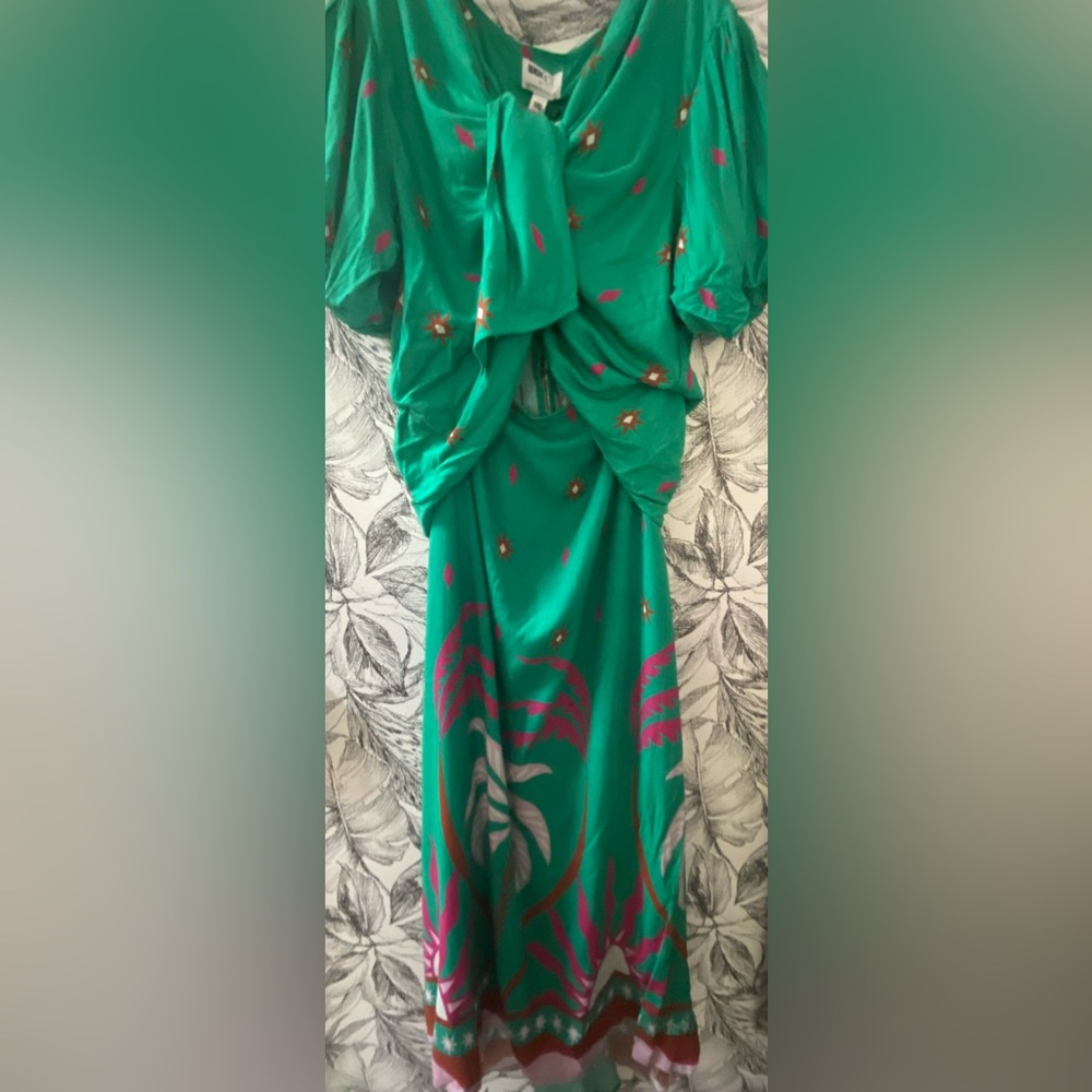 Anthropologie Green Midi Dress with Pink & White Motif - Picture 14 of 14